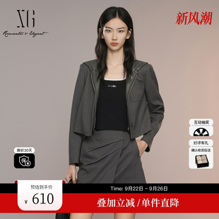 綿羊毛長袖 雪歌XK307016A490連帽短外套2025秋季 新款 外套女裝