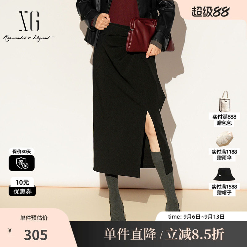XG/雪歌XL103015A190黑色开叉半身裙2026春季新款包臀中长裙女装