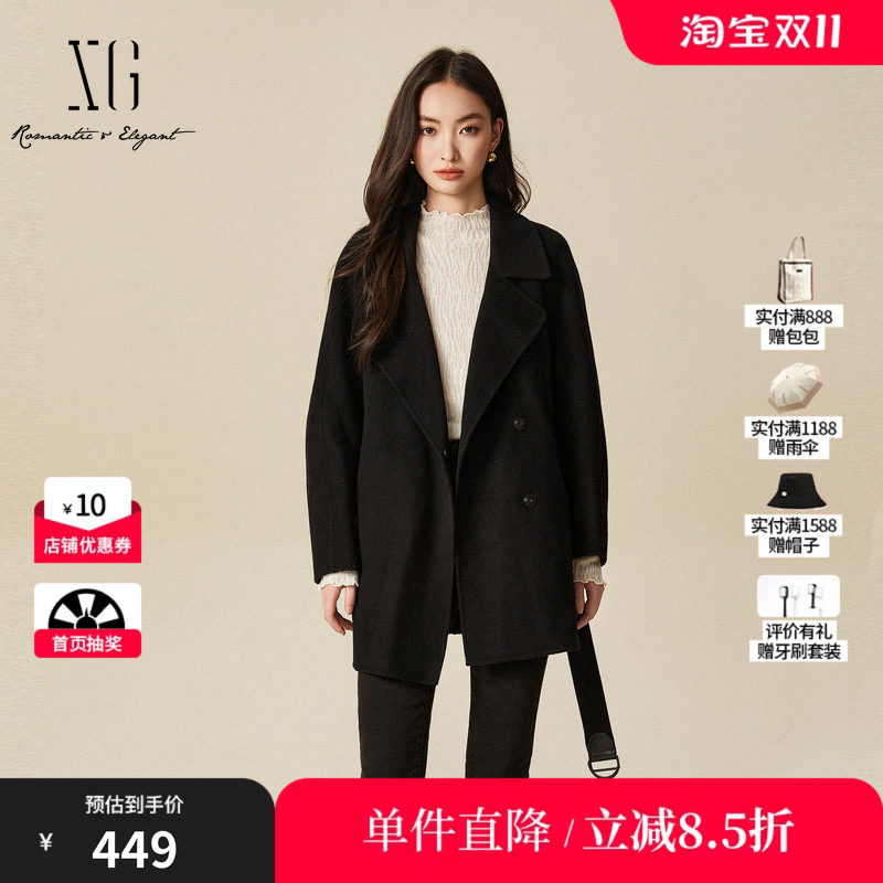 XG雪歌XJ410041A490黑色毛呢外套时尚冬季新款中长款绵羊毛大衣女