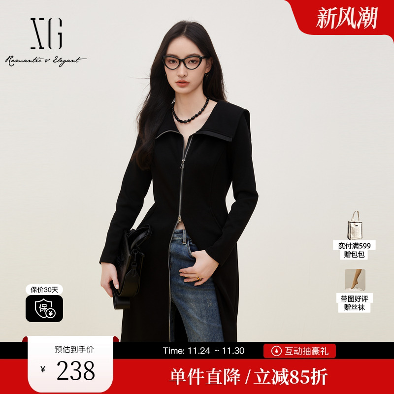 XG/雪歌XK304713A890大翻领长袖连衣裙时尚秋季新款修身中长裙女
