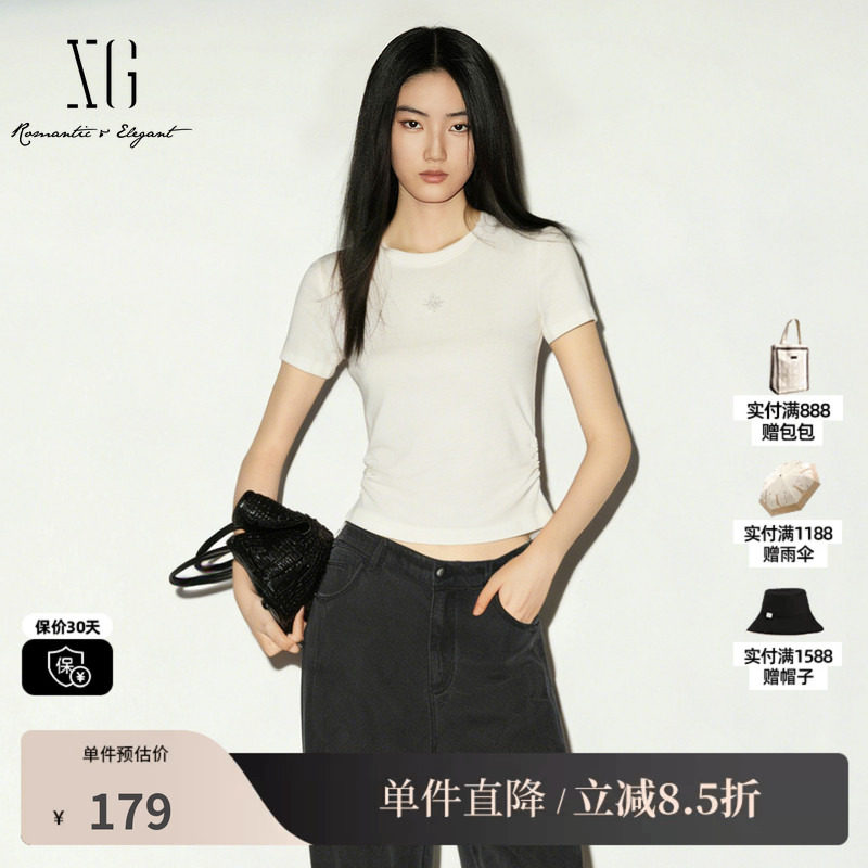 XG/雪歌XM201518A891白色莱赛尔短袖圆领T恤修身短款薄款通勤女装