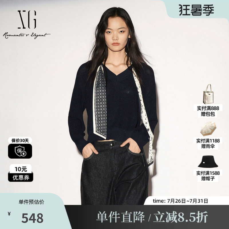 XG/雪歌XL311038A228藏青色配飘带V领长袖针织衫休闲简约毛衣女装