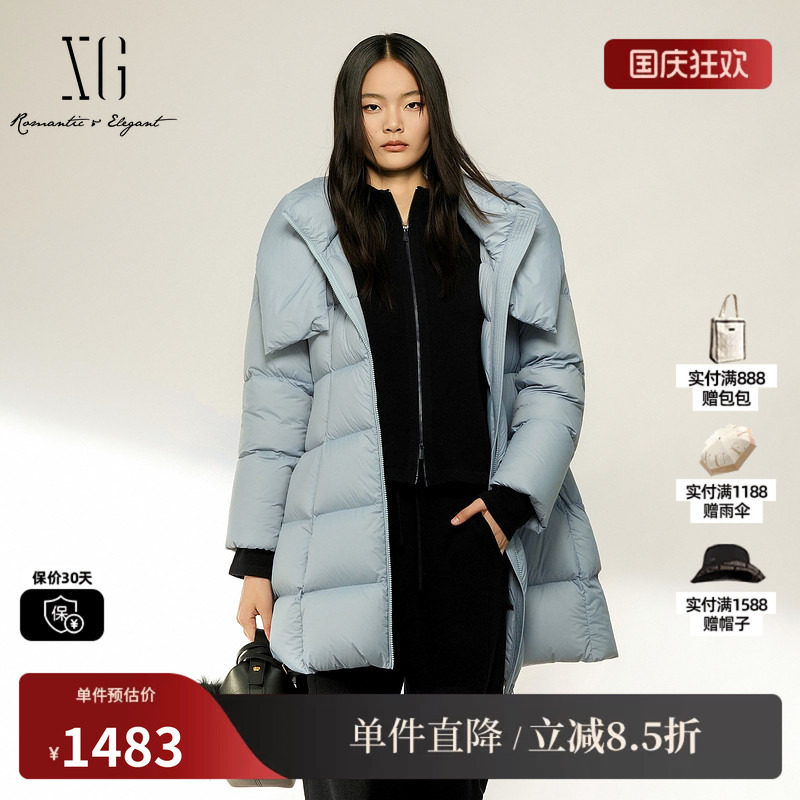 XG/雪歌 XL406003A527灰蓝色连帽中长直筒白鸭绒羽绒服加厚保暖女