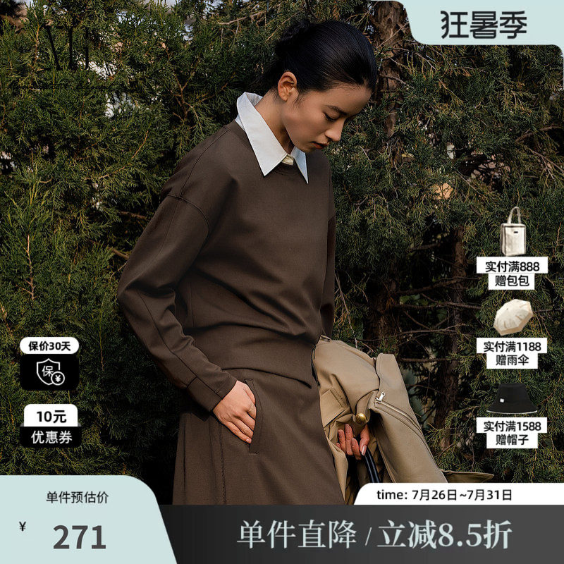 XG/雪歌XL101015A209圆领套头短款卫衣拉链开叉落肩直筒长袖T女装