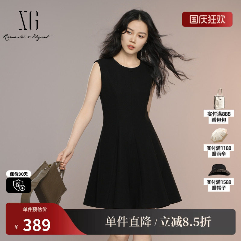 XG/雪歌XK304010A590修身无袖连衣裙2025秋季新款黑色高腰A字裙女