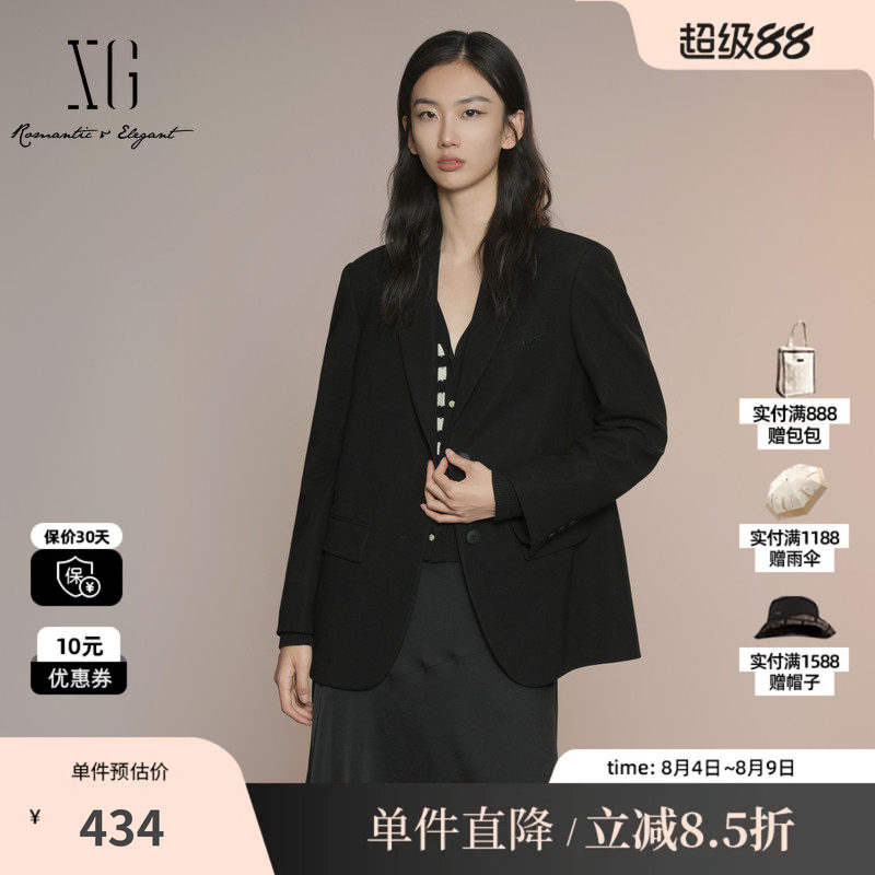 XG雪歌XK307025A690黑色长袖休闲西装2025秋季新款挺括西装外套女