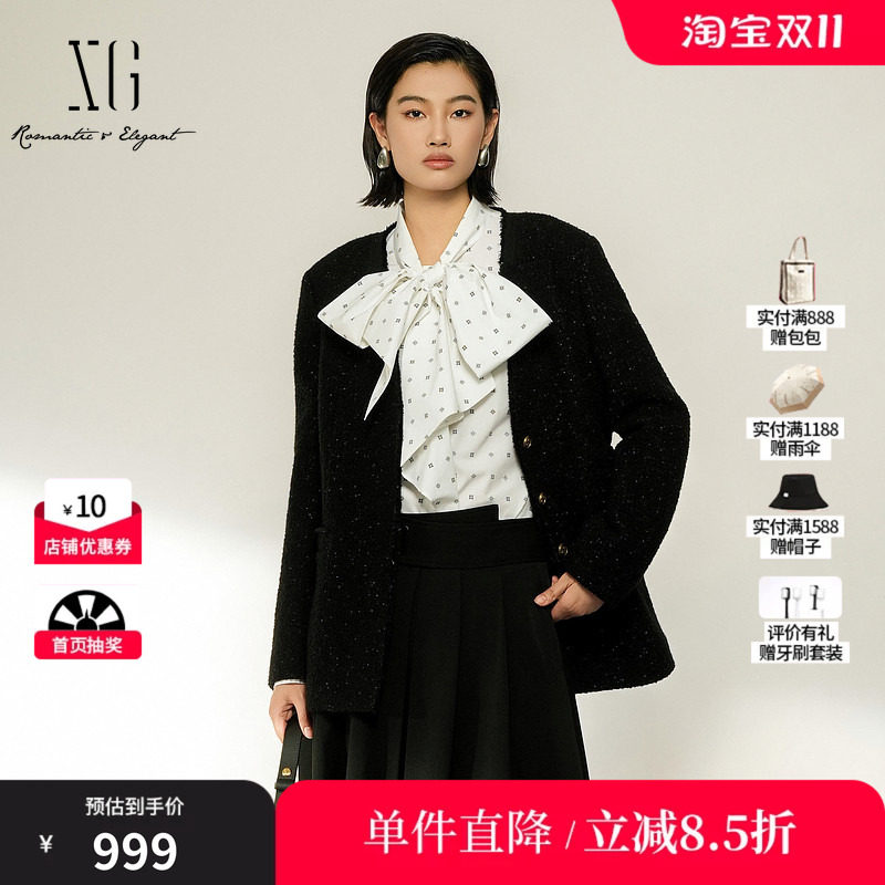 XG/雪歌XL407008A790黑色羊毛混纺V领直筒亮丝小香风西装外套女装