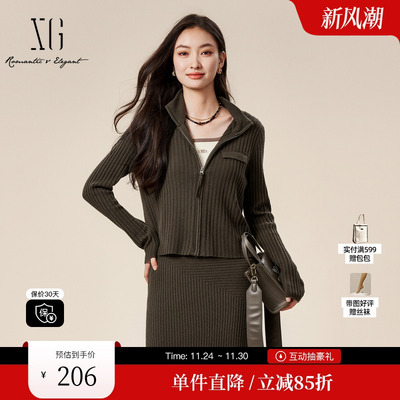XG雪歌XK411814A870通勤长袖毛针织衫时尚冬季新款纯绵羊毛开衫女
