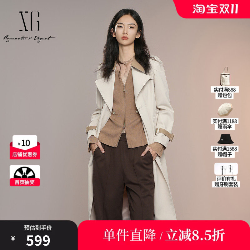 XG雪歌XK308004A460浅米色中长款风衣2025秋季新款长袖翻领外套女