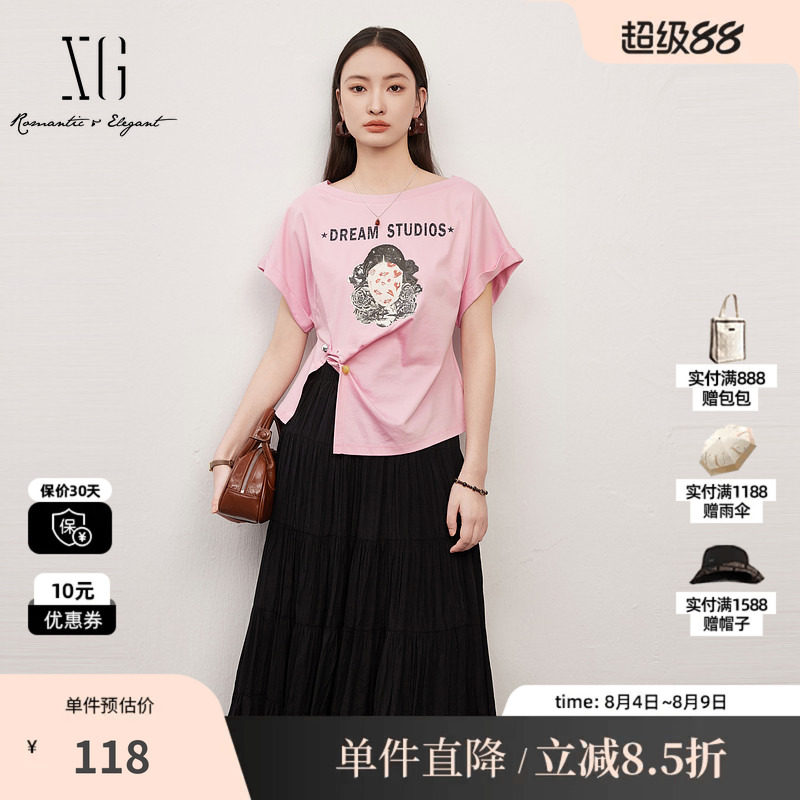 XG/雪歌XJ201028A808时尚印花设计T恤时尚夏季新款浅粉短袖上衣女