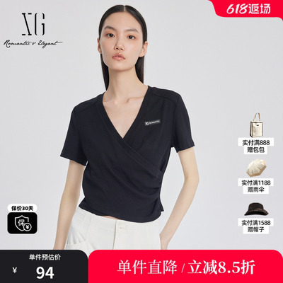 XG/雪歌XJ201006A290交叉褶皱黑色T恤2025夏季新款V领短袖上衣女