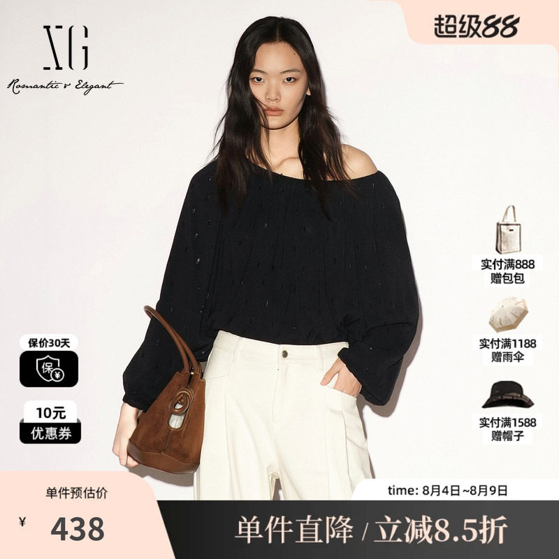 XG/雪歌 XL321002A428藏青色亮片弹力领口长袖衬衫休闲简约宽松女