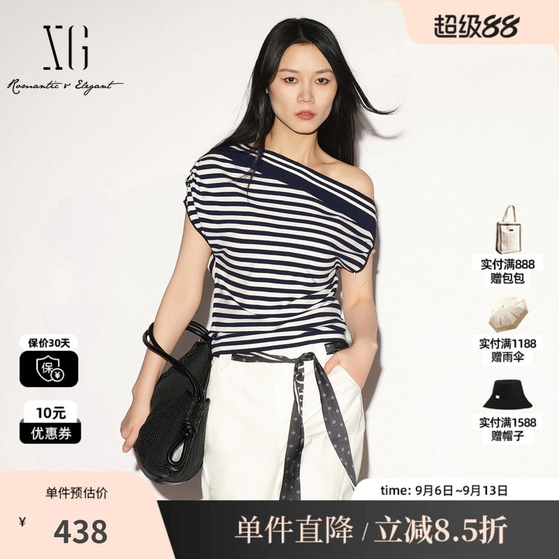 XG/雪歌 XL211019B299蓝白条纹海军风斜领毛针织衫薄款宽松休闲女