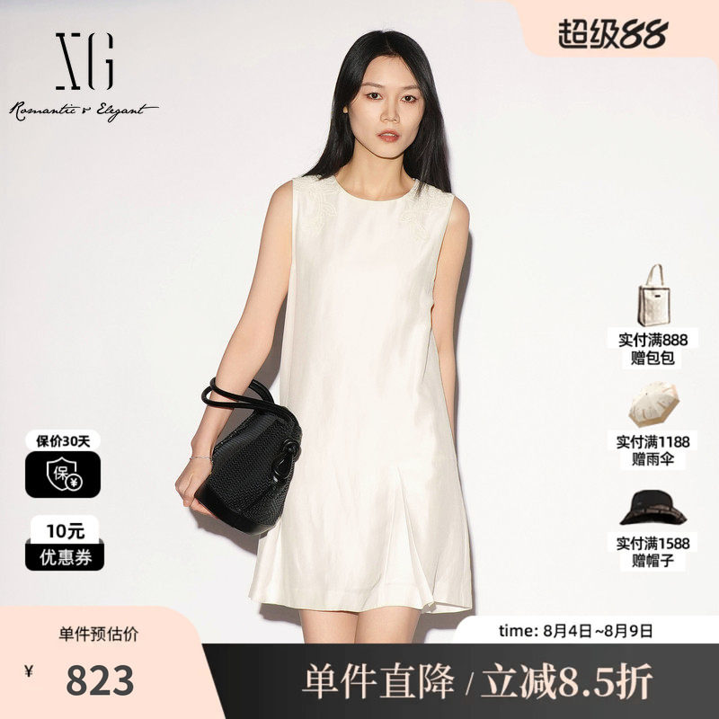 XG/雪歌XL204036A651白色醋纤无袖连衣裙圆领刺绣直筒A字中裙女装