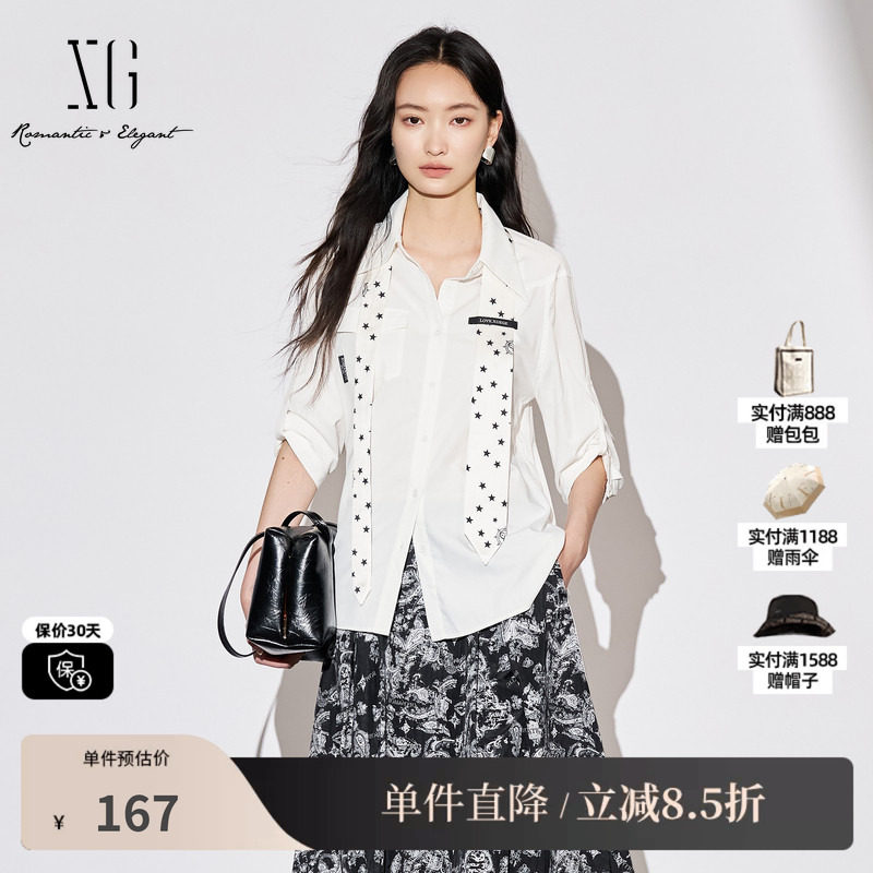 XG/雪歌XJ321032A151白色翻领衬衫时尚秋季新款领带搭配上衣女装