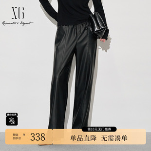 高腰直筒长裤 新款 2025冬季 女 雪歌XK402021A790黑色皮质休闲裤