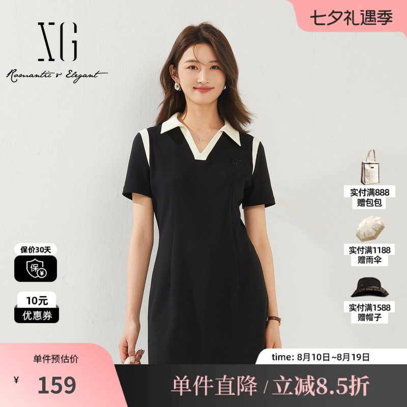 XG/雪歌XK204800A890棉感短袖连衣裙时尚夏季新款黑白拼色短裙女