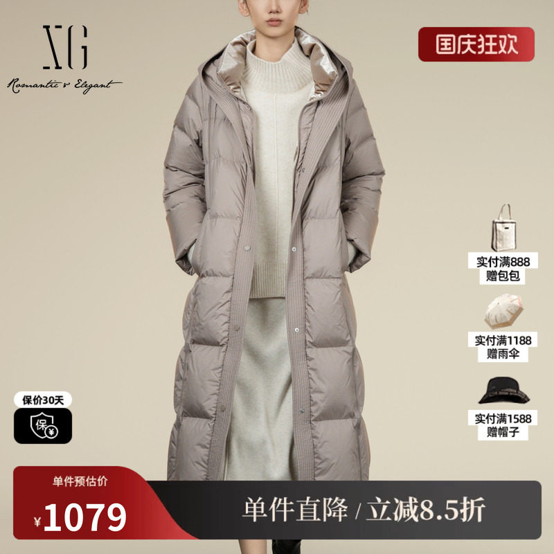 XG雪歌XK406053A673卡其色连帽羽绒服2025冬季新款长款鹅绒外套女