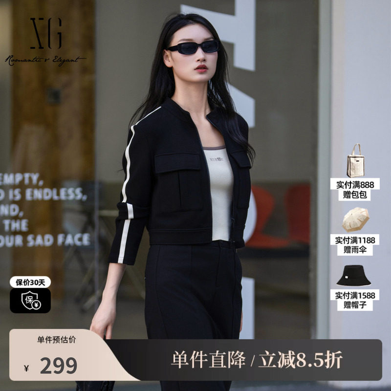 XG/雪歌XK307006A490 黑色立领长袖短外套修身显瘦休闲拉链上衣女