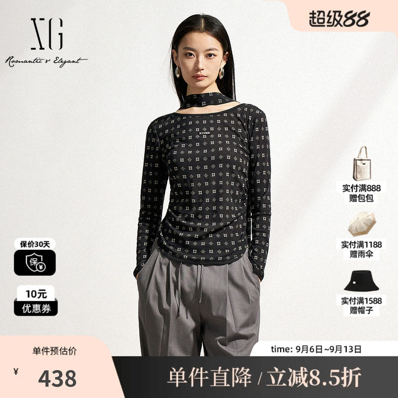 XG/雪歌XL401011B294黑色满印100%棉圆领修身长袖T恤飘带气质女装