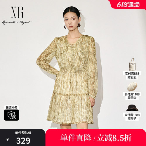 XG/雪歌XK304007B894微透印花连衣裙2025秋季新款碎花中长裙女装
