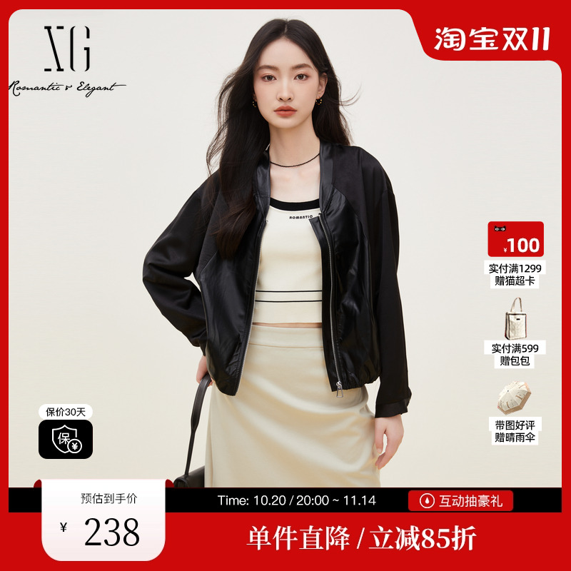 XG/雪歌XK307708A890涂层拼接长袖短外套2024秋季新款黑色外套女