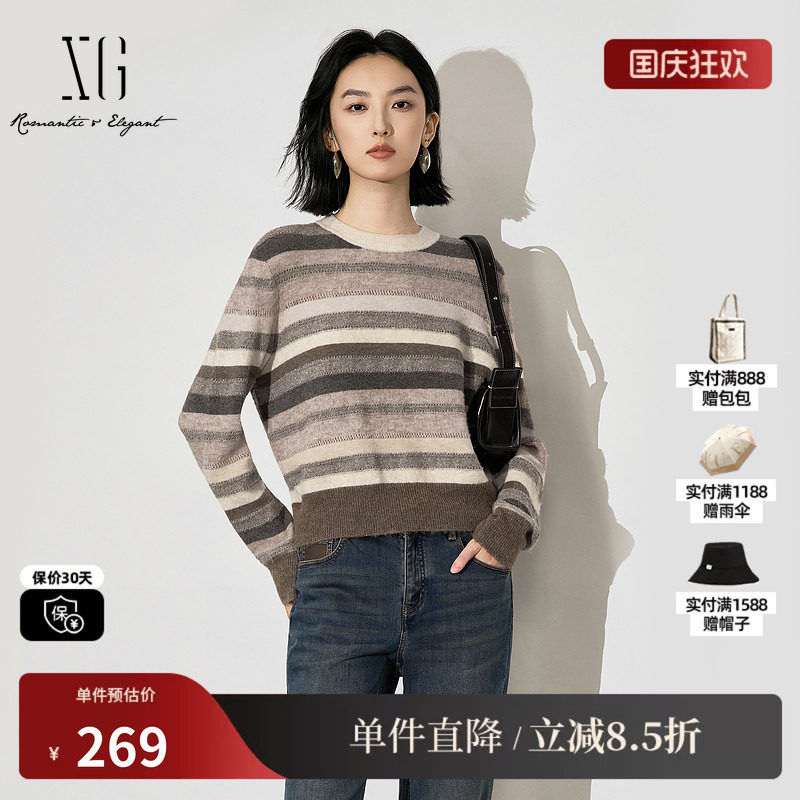 XG/雪歌XK411050B299 撞条纹长袖毛针织衫厚款圆领套头休闲毛衫女