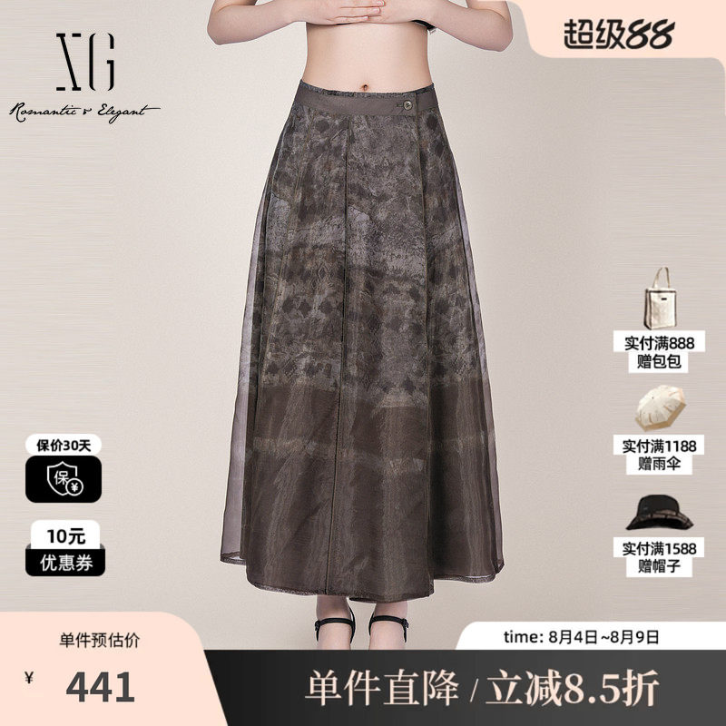 XG/雪歌XL103016B293欧根纱A伞裙中长花版高腰显瘦双层半身裙女装