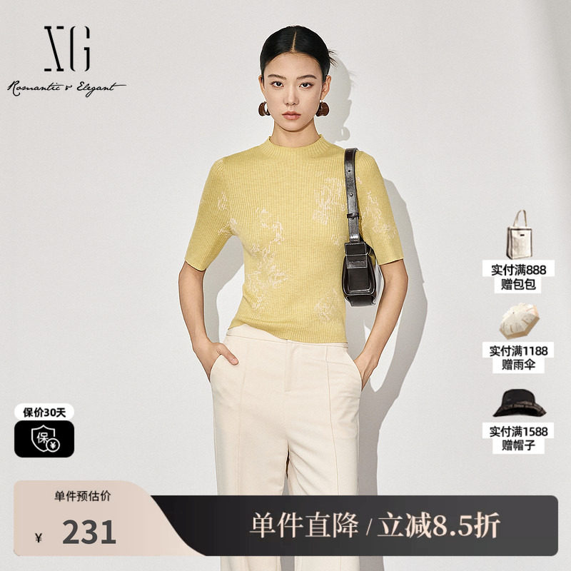 XG/雪歌XK311037A232 螺纹黄色毛针织衫短袖修身打底套头毛衫女装