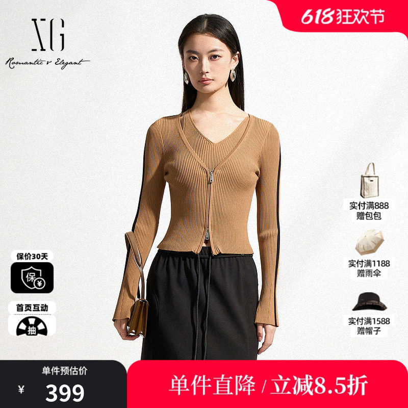 XG/雪歌XK111505A873 黑咖色假两件针织衫修身显瘦套头长袖毛衣女
