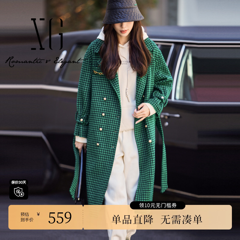 XG雪歌XI410404B541格纹长袖风衣2023冬季新款中长款绵羊毛大衣女