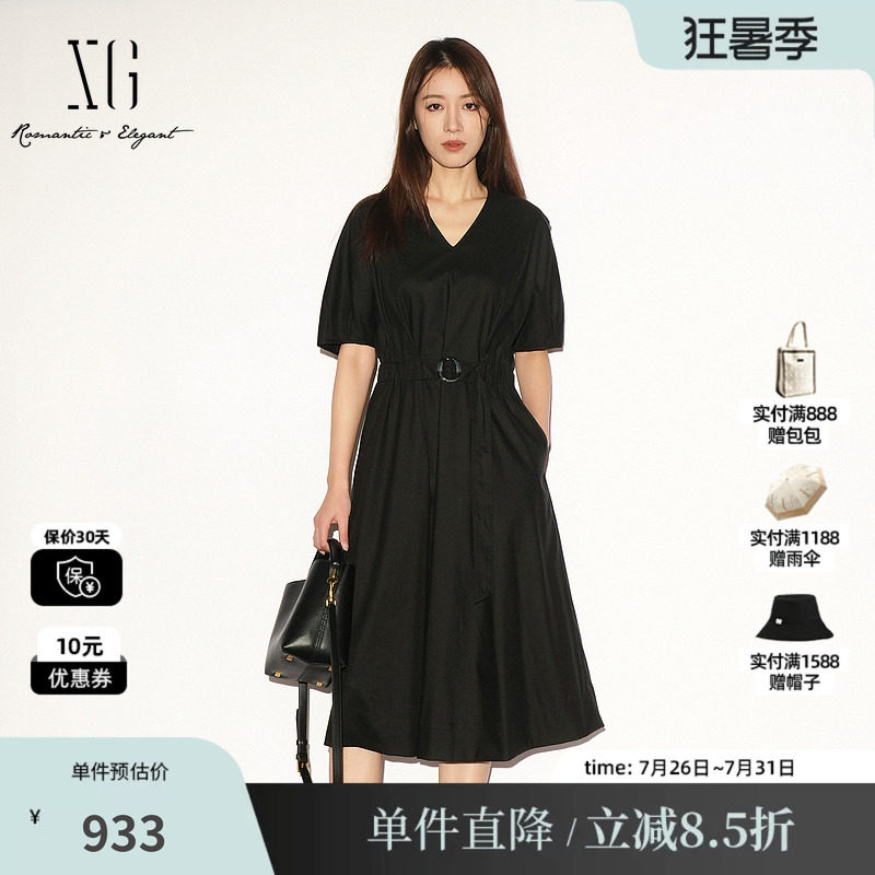 XG/雪歌 XL204048AE90黑色V领短袖连衣裙松紧收腰显瘦A字中伞裙女