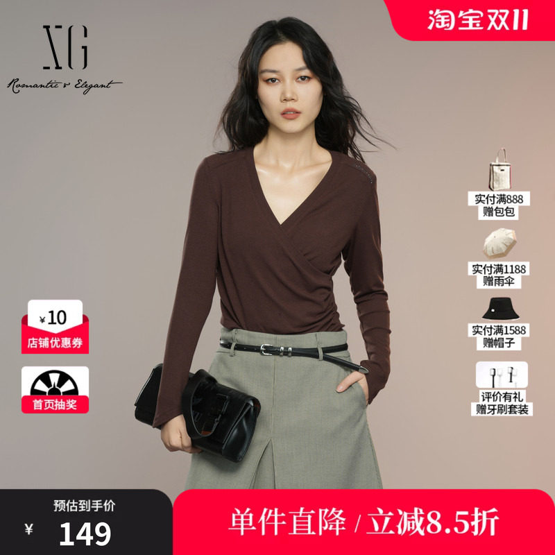 XG雪歌XK301007A572深咖色长袖T恤2025秋季新款V领设计薄款上衣女