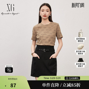 夏季 时尚 新款 满版 印花上衣女装 雪歌XK201563B809咖色镂空T恤