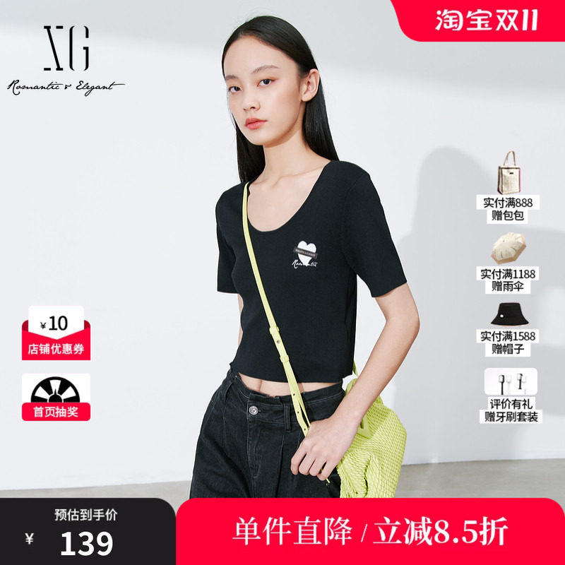 XG雪歌XL111007A490短款黑色毛针织衫2025秋季新款修身套头毛衫女