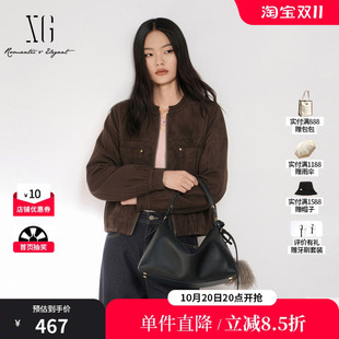 XG/雪歌 XM407508A809咖色麂皮圆领长袖外套短款宽松休闲夹克女装