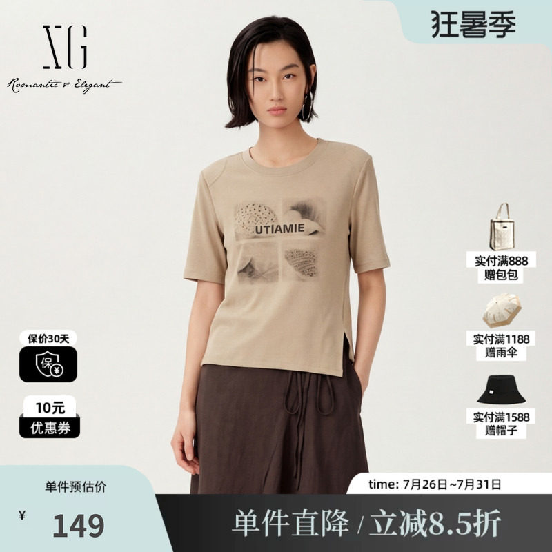 XG/雪歌XK201541A860米咖色棉感短袖T恤圆领直筒开叉垫肩短款女装