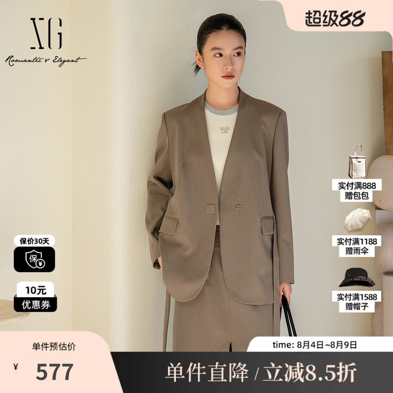XG/雪歌XL107011A285 灰绿色羊毛混纺休闲西装通勤收腰长袖外套女