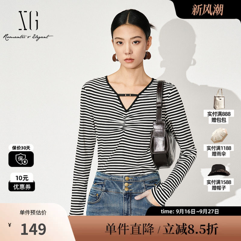 XG/雪歌XK301003B299条纹长袖T恤2025秋季新款镂空V领休闲上衣女