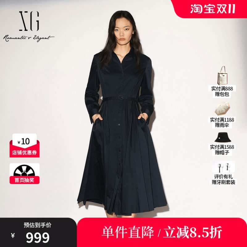 XG/雪歌XL304005A228藏青色棉感翻领衬衫长袖连衣裙高腰A字伞裙女