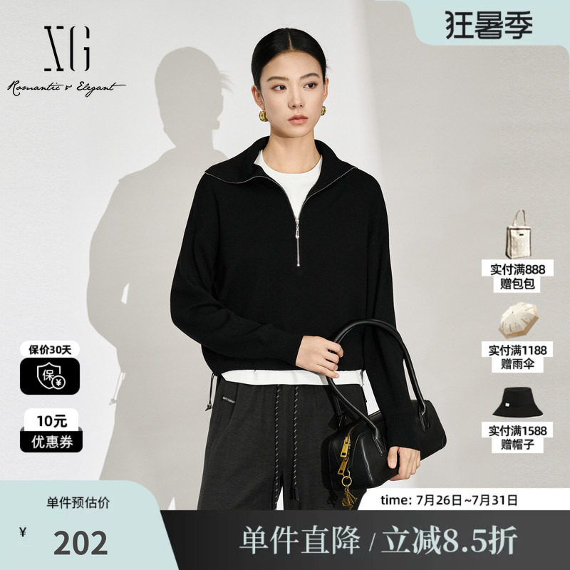 XG/雪歌XL311589A890 黑拉链翻领长袖毛针织衫短款直筒宽松毛衫女