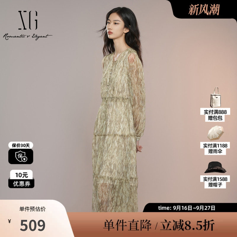 XG/雪歌XK304007B294系带领连衣裙2025秋季新款微透碎花中长裙女
