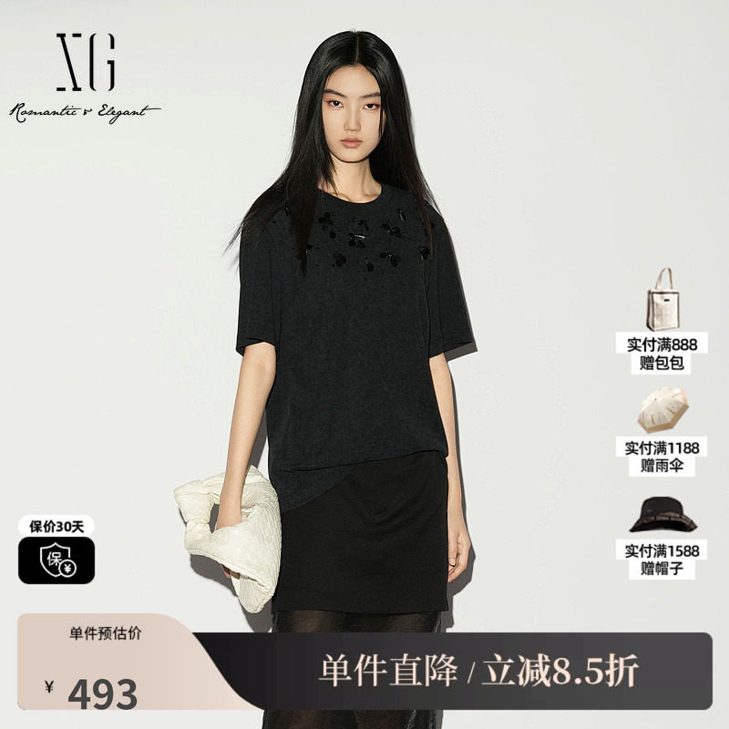 XG/雪歌XL201014A290黑色棉感短袖T恤圆领薄款钉珠内搭直筒上衣女
