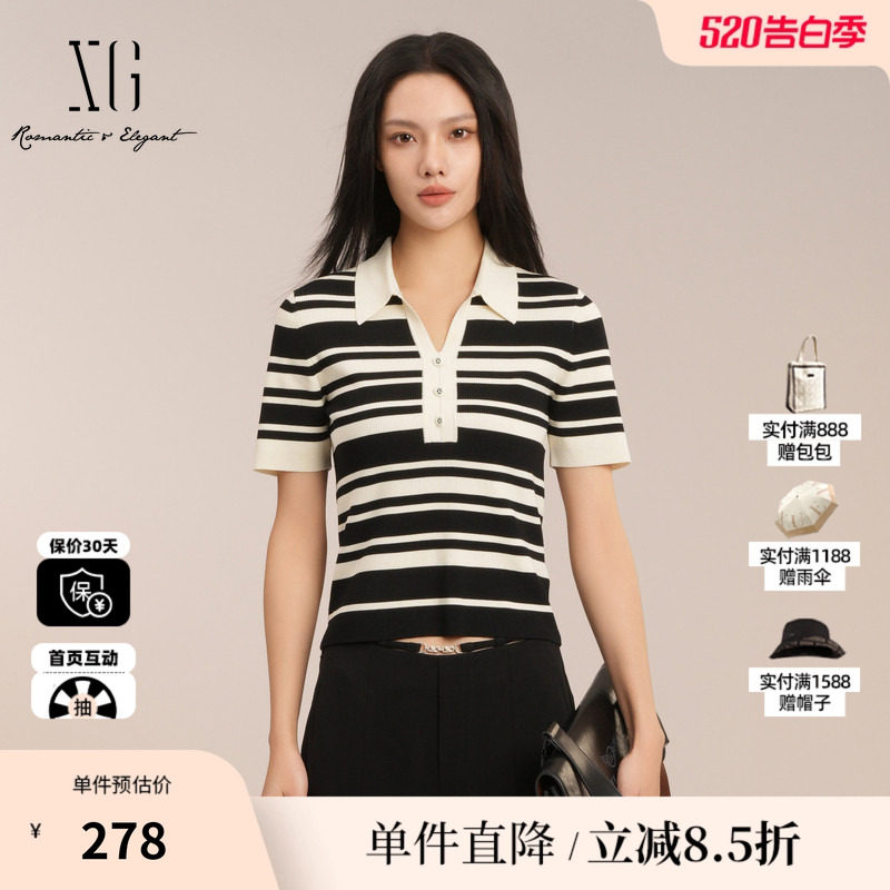 XG/雪歌XK211017B199 黑白条纹短袖毛针织衫polo领修身套头上衣女