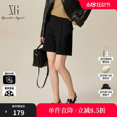 XG/雪歌XL102003A390五分休闲中裤2025秋季新款黑色直筒短裤女装