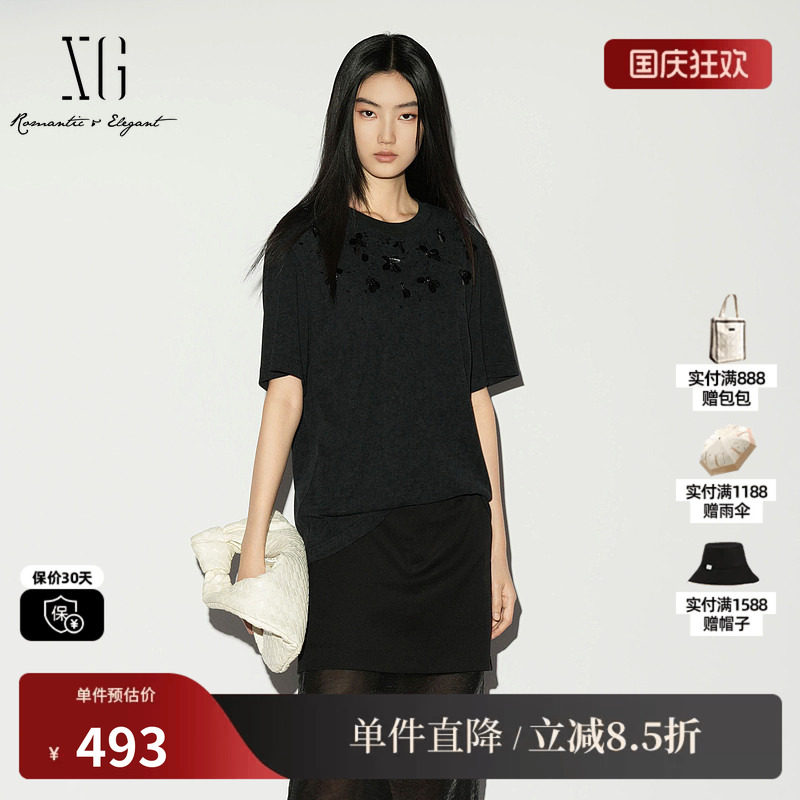 XG/雪歌XL201014A290黑色棉感短袖T恤圆领薄款钉珠内搭直筒上衣女