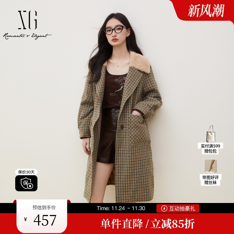 XG/雪歌XI410036B695格纹长袖毛呢外套时尚冬季新款绵羊毛大衣女