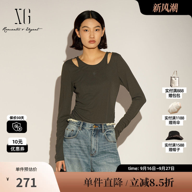 XG/雪歌XL101011A484灰色假两件长袖T恤圆领镂空修身直筒打底女装