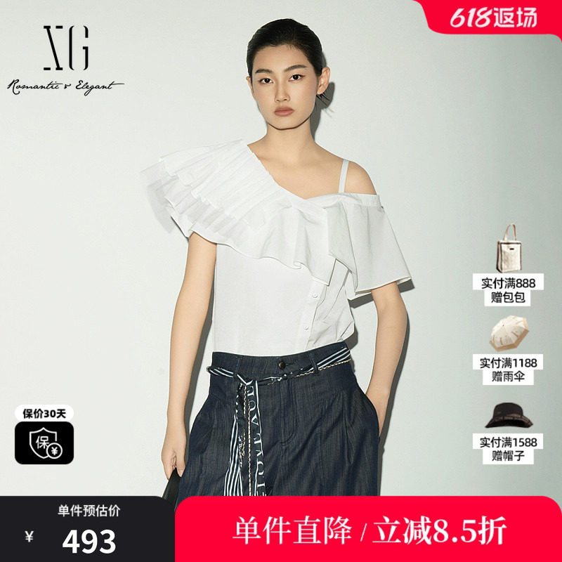 XG/雪歌XL221022A351 白色斜领飞袖衬衫收腰荷叶边露肩短袖上衣女