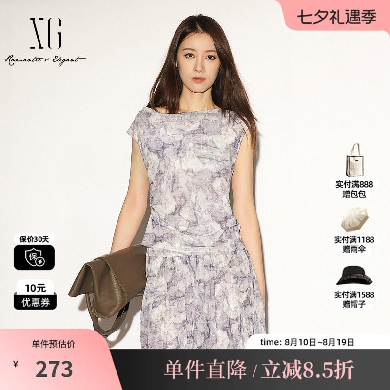 XG/雪歌XL201034BE96花版荡领无袖T恤印花修身不规则薄款上衣女装